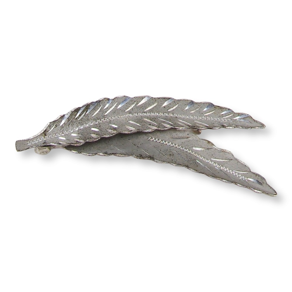 CC Brooch Pin Sterling Silver 2" Silver Vintage Double Leaf Signed 925 Textured